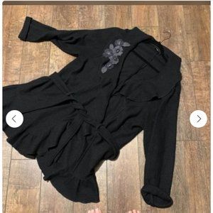 Stunning Cynthia Rowley belted sweater,  rose accents and flounced hem/collar PL